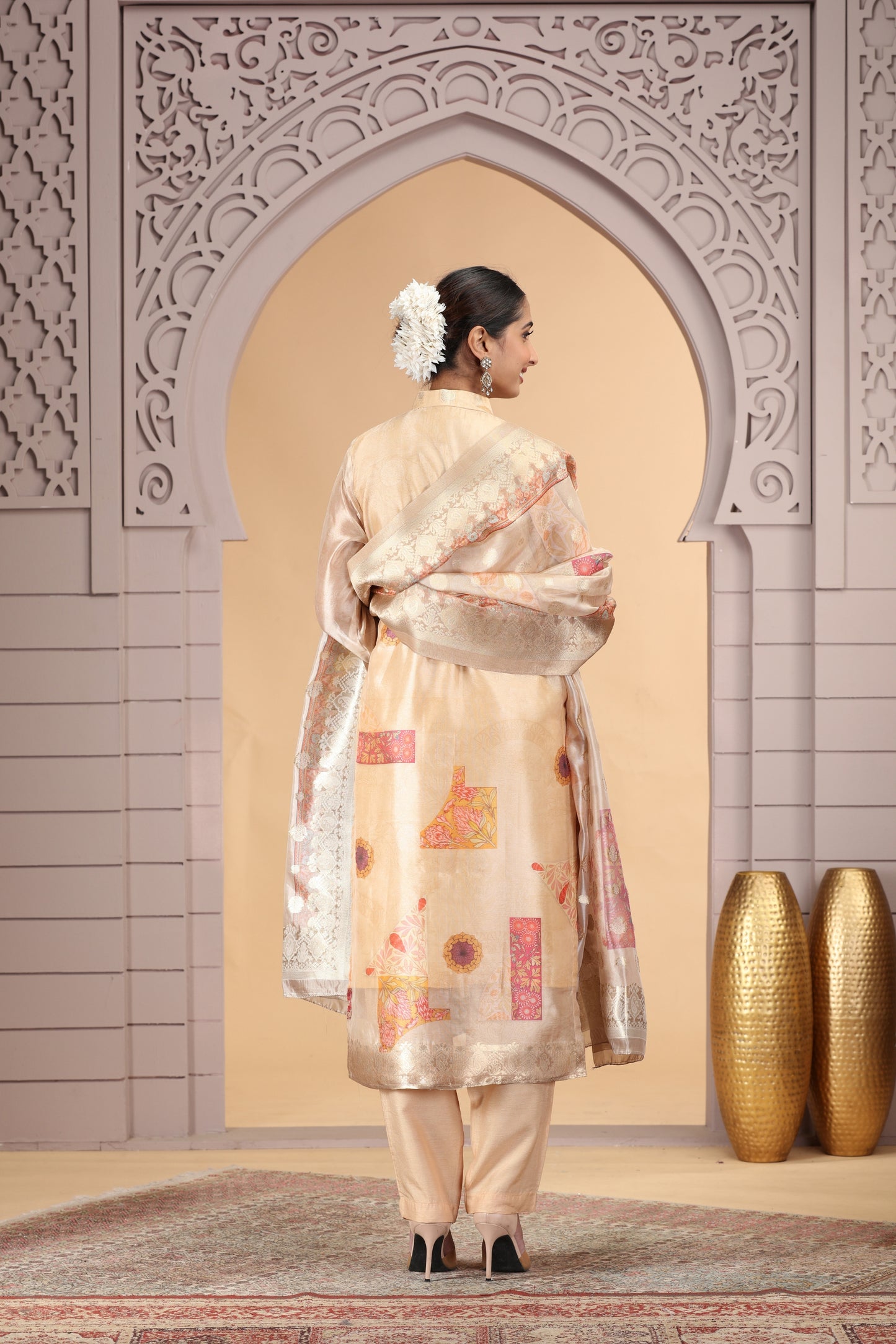 Delicate Gold Organza Printed Readymade Salwar Suit with Dupatta for Women