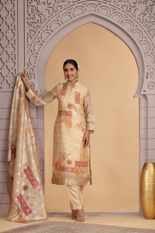 Delicate Gold Organza Printed Readymade Salwar Suit with Dupatta for Women