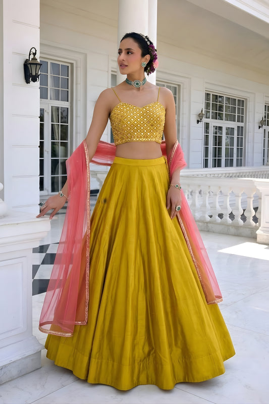 Stunning Mustard Yellow Silk Designer Lehenga Choli with Embroidery Work and Pink Dupatta
