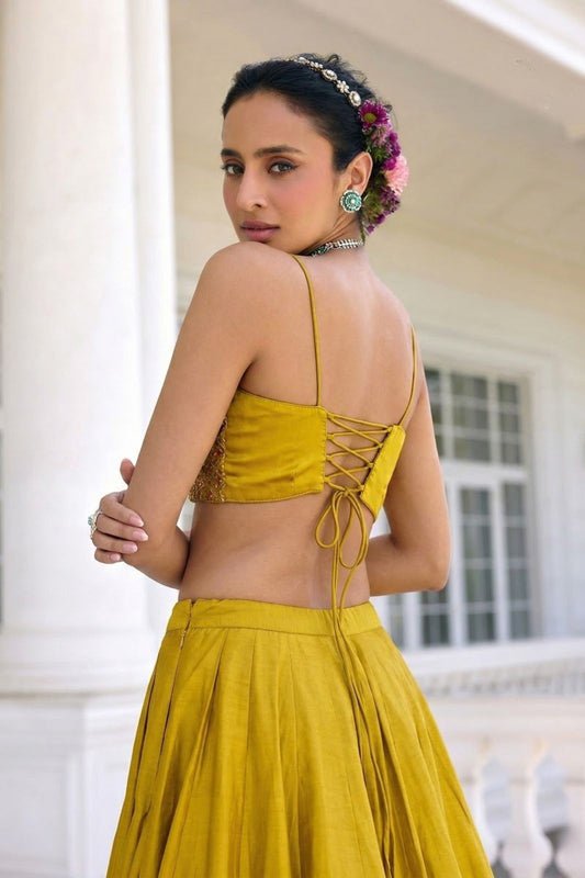 Stunning Mustard Yellow Silk Designer Lehenga Choli with Embroidery Work and Pink Dupatta