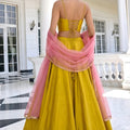 Stunning Mustard Yellow Silk Designer Lehenga Choli with Embroidery Work and Pink Dupatta