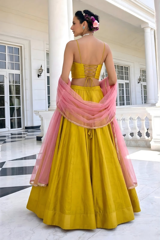 Stunning Mustard Yellow Silk Designer Lehenga Choli with Embroidery Work and Pink Dupatta