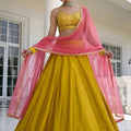 Stunning Mustard Yellow Silk Designer Lehenga Choli with Embroidery Work and Pink Dupatta
