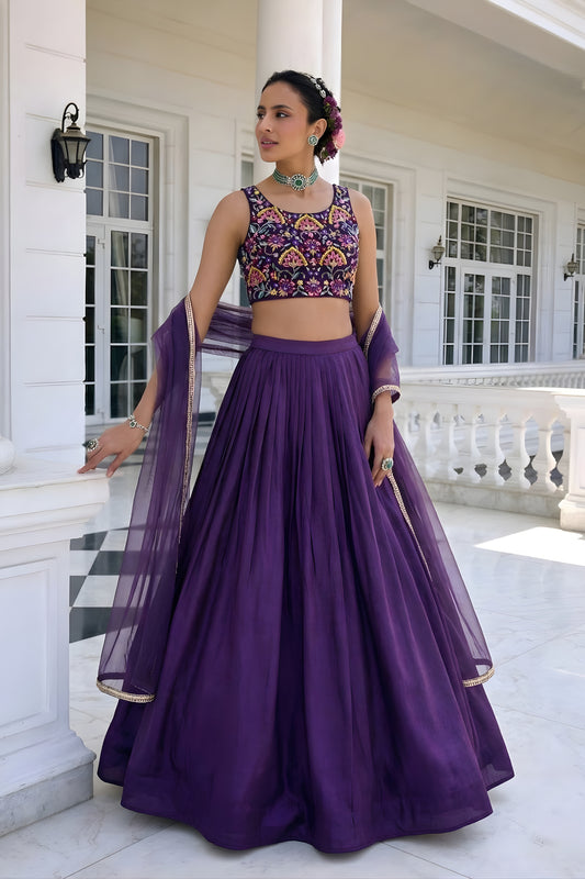 Royal Purple Silk Designer Lehenga Choli with Embroidery Work and Dupatta