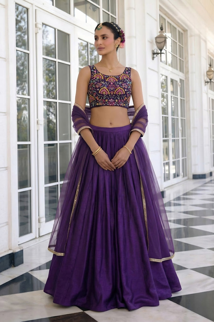 Stylish Purple Vichitra Silk Readymade Lehenga Choli with Soft Net Dupatta