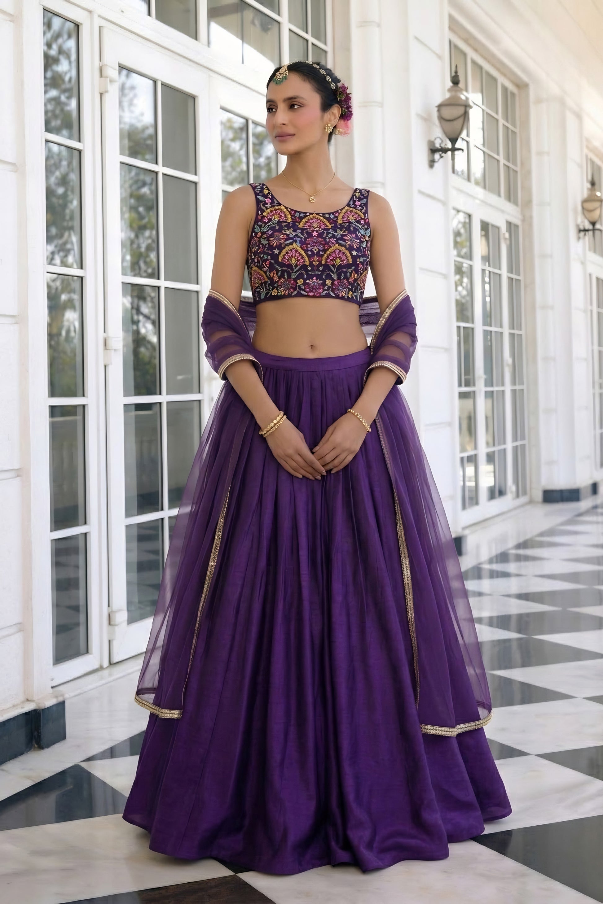 Stylish Purple Vichitra Silk Readymade Lehenga Choli with Soft Net Dupatta