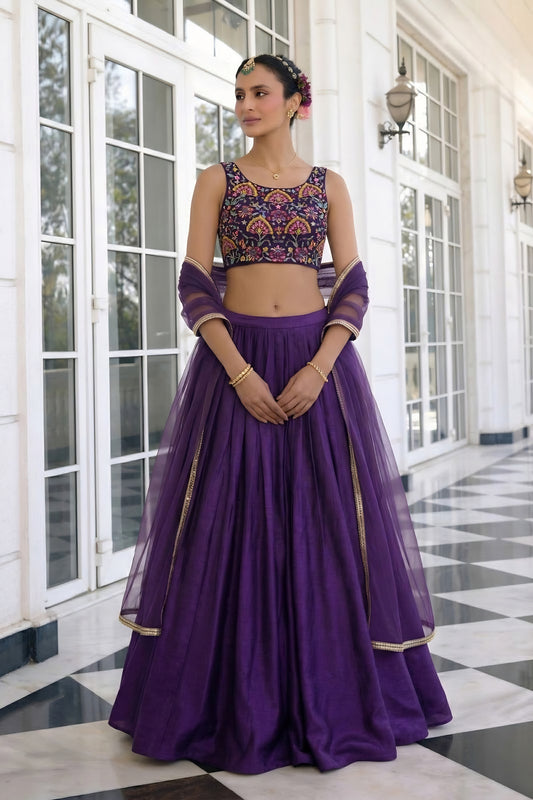 Stylish Purple Vichitra Silk Readymade Lehenga Choli with Soft Net Dupatta