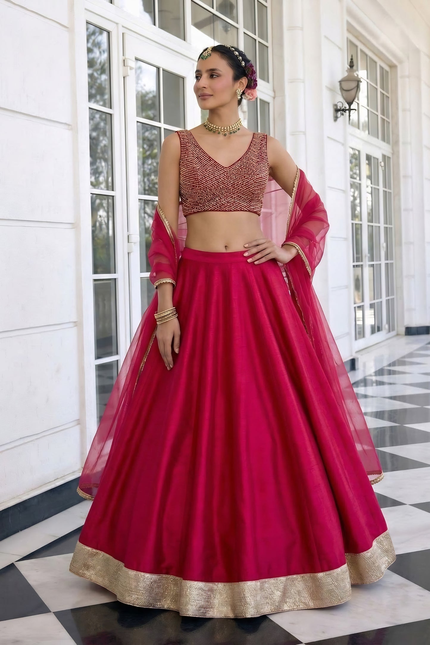 Stunning Rani Pink Vichitra Silk Readymade Lehenga Choli with Soft Net Dupatta