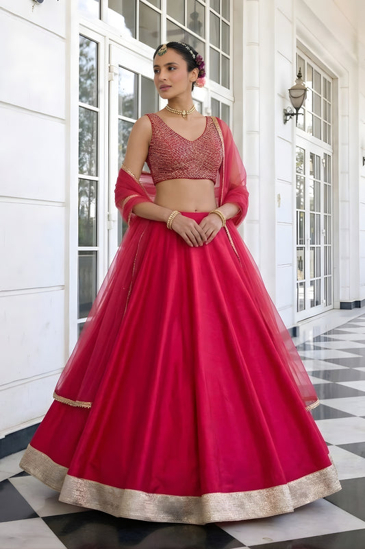 Elegant Rani Pink Silk Designer Lehenga Choli with Embroidery Work and Pink Dupatta