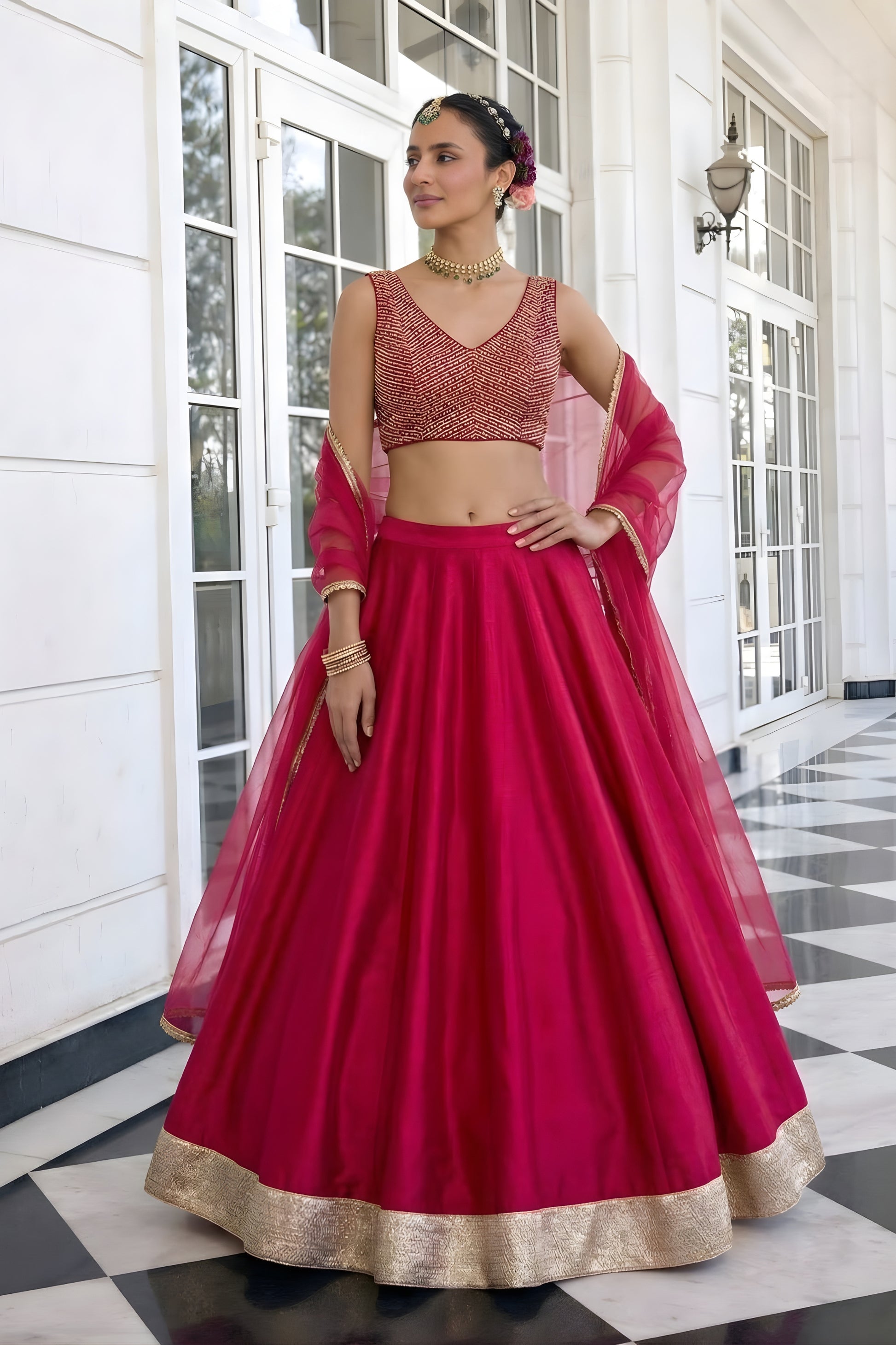 Elegant Rani Pink Silk Designer Lehenga Choli with Embroidery Work and Pink Dupatta
