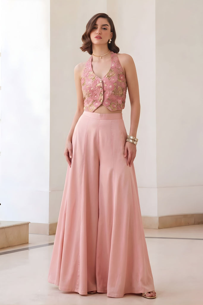Elegant Blush Pink Readymade Waistcoat Palazzo Set for Party Wear