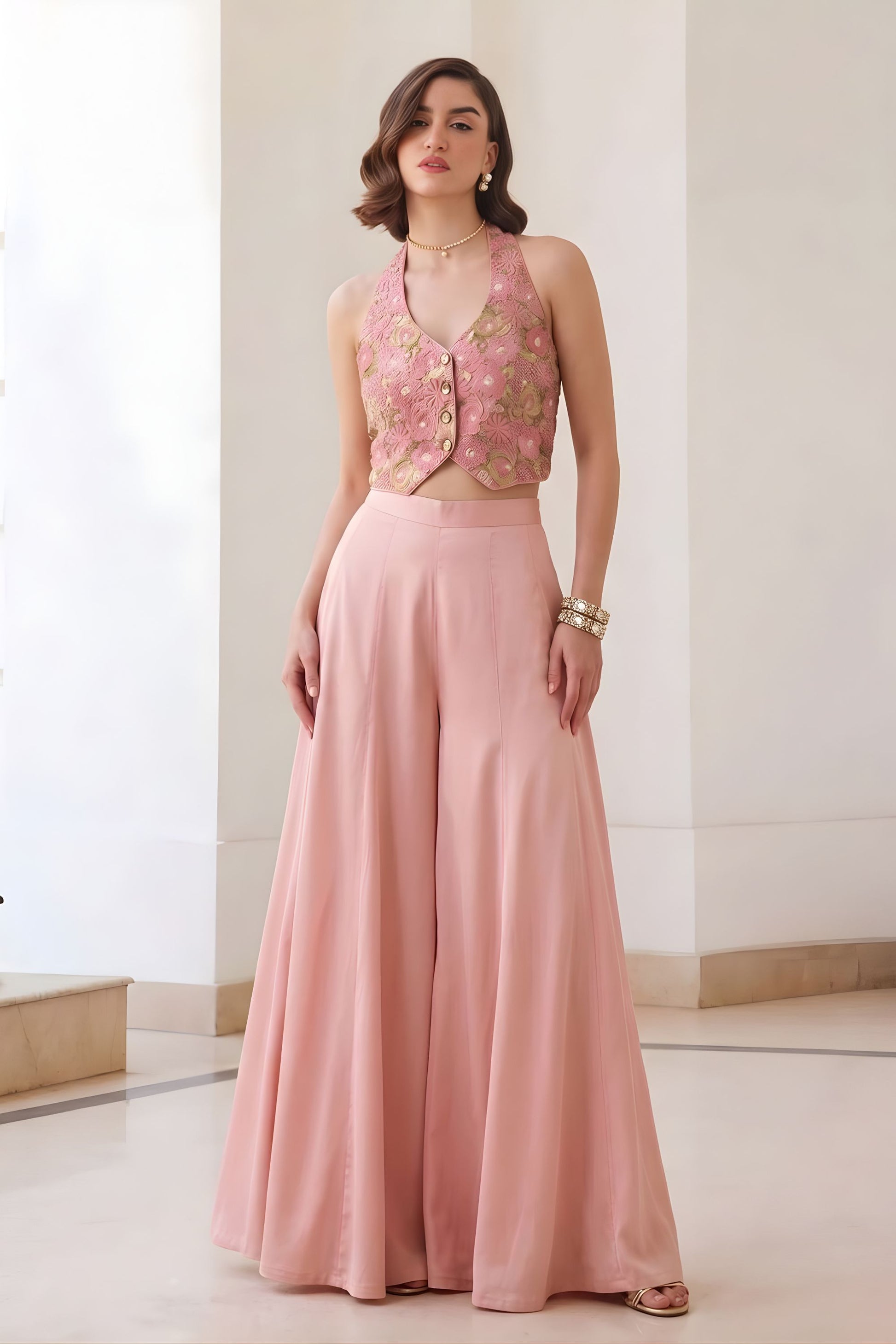 Elegant Blush Pink Readymade Waistcoat Palazzo Set for Party Wear