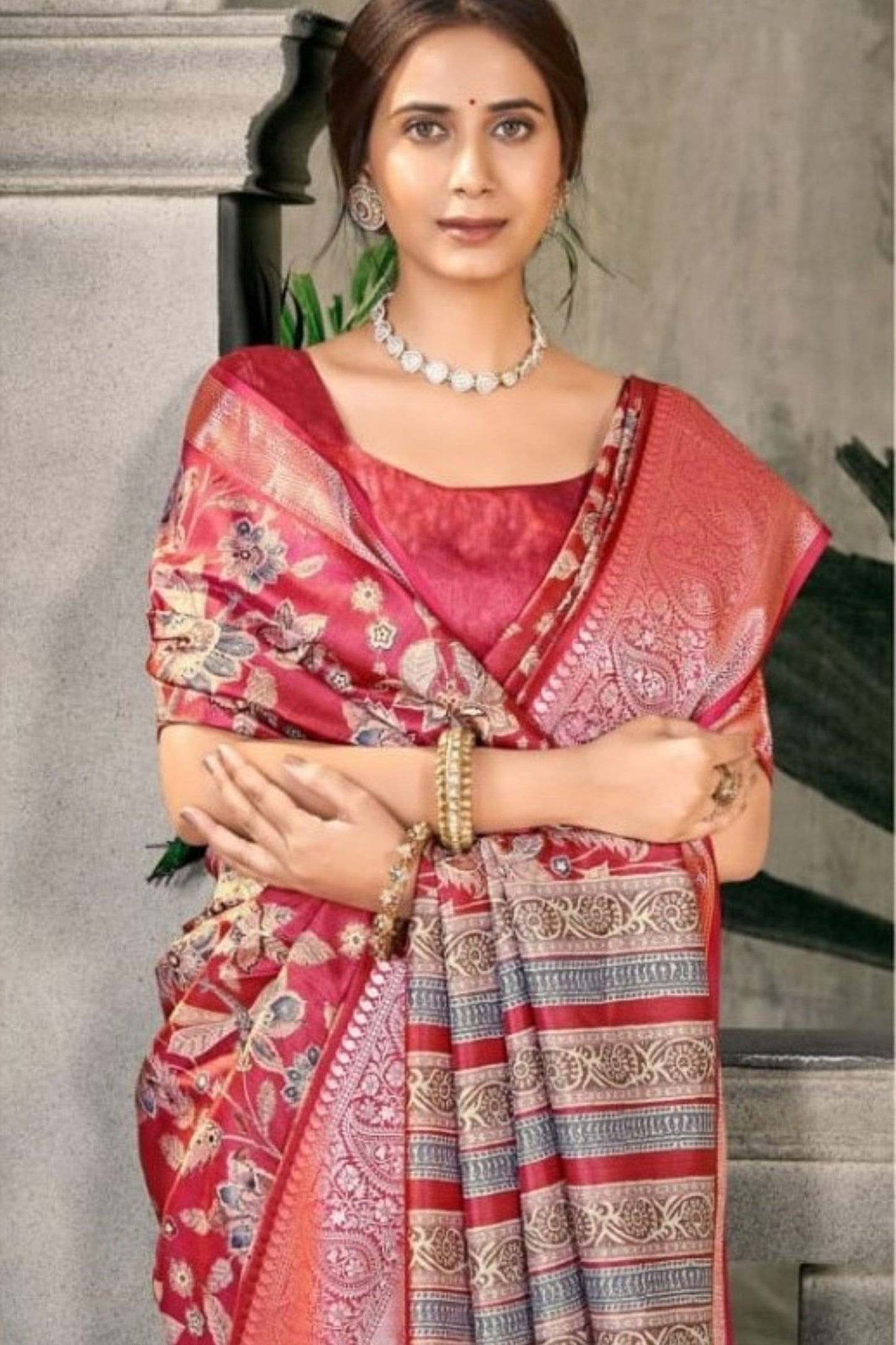 Designer Banarasi Silk Saree in Red for Wedding Festive Wear
