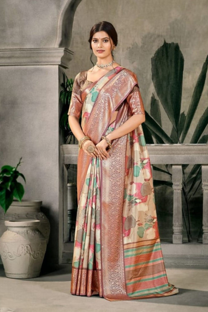 Elegant Beige Banarasi Silk Saree Wedding Festive Wear