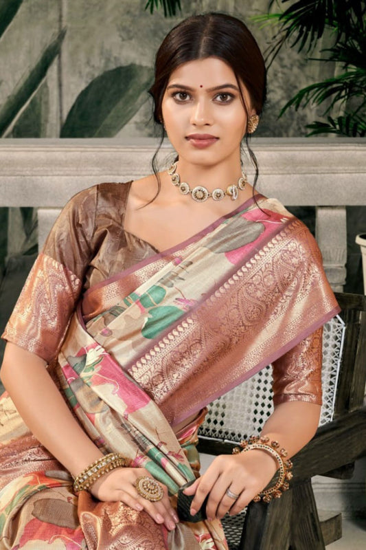 Elegant Beige Banarasi Silk Saree Wedding Festive Wear