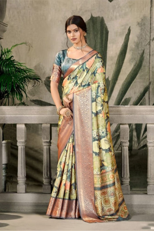 Designer Multicolor Banarasi Silk Saree with Rich Copper Zari Border for Wedding 