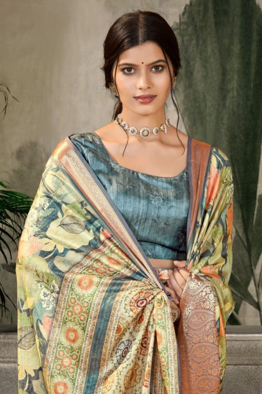 Designer Multicolor Banarasi Silk Saree with Rich Copper Zari Border for Wedding
