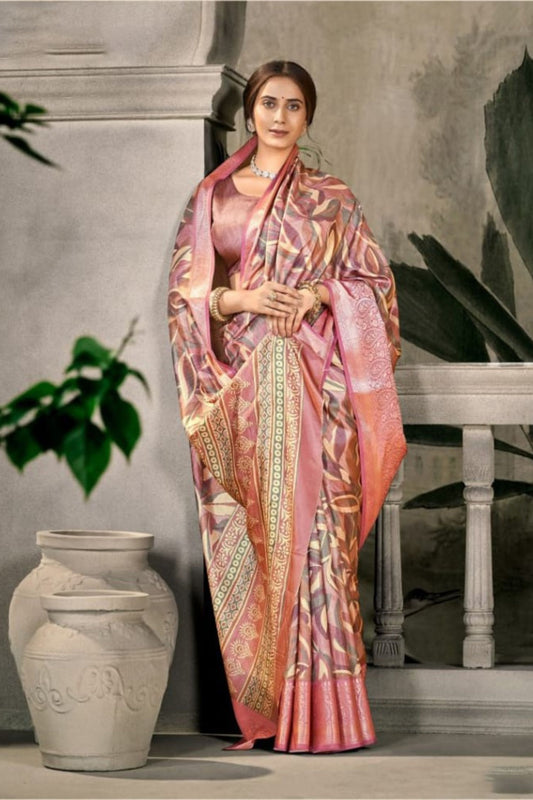 Stylish Pink Banarasi Silk Saree with Geometric Weaving  for Wedding 