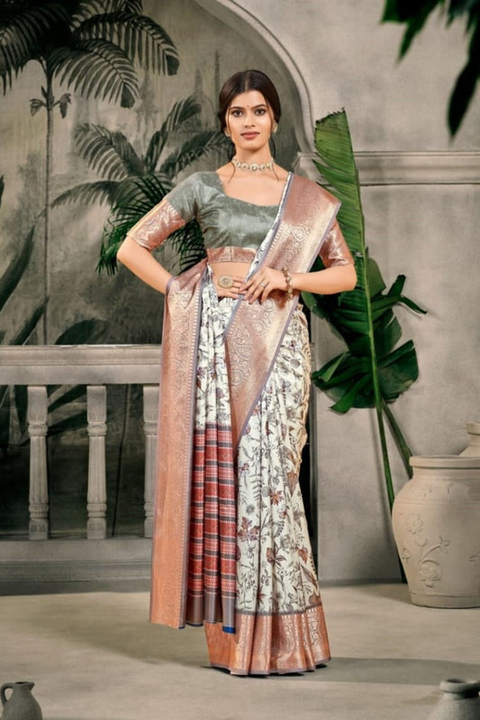 Elegant White Banarasi Silk Saree with Checked Pallu for Wedding 