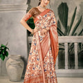 Elegant Cream Banarasi Silk Saree Copper Zari Border Wedding 