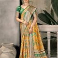 Yellow Banarasi Silk Saree with Green Floral Print for Wedding Festive Wear