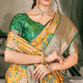 Yellow Banarasi Silk Saree with Green Floral Print for Wedding Festive Wear