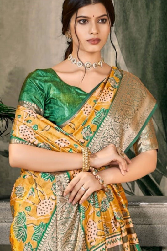 Yellow Banarasi Silk Saree with Green Floral Print for Wedding Festive Wear