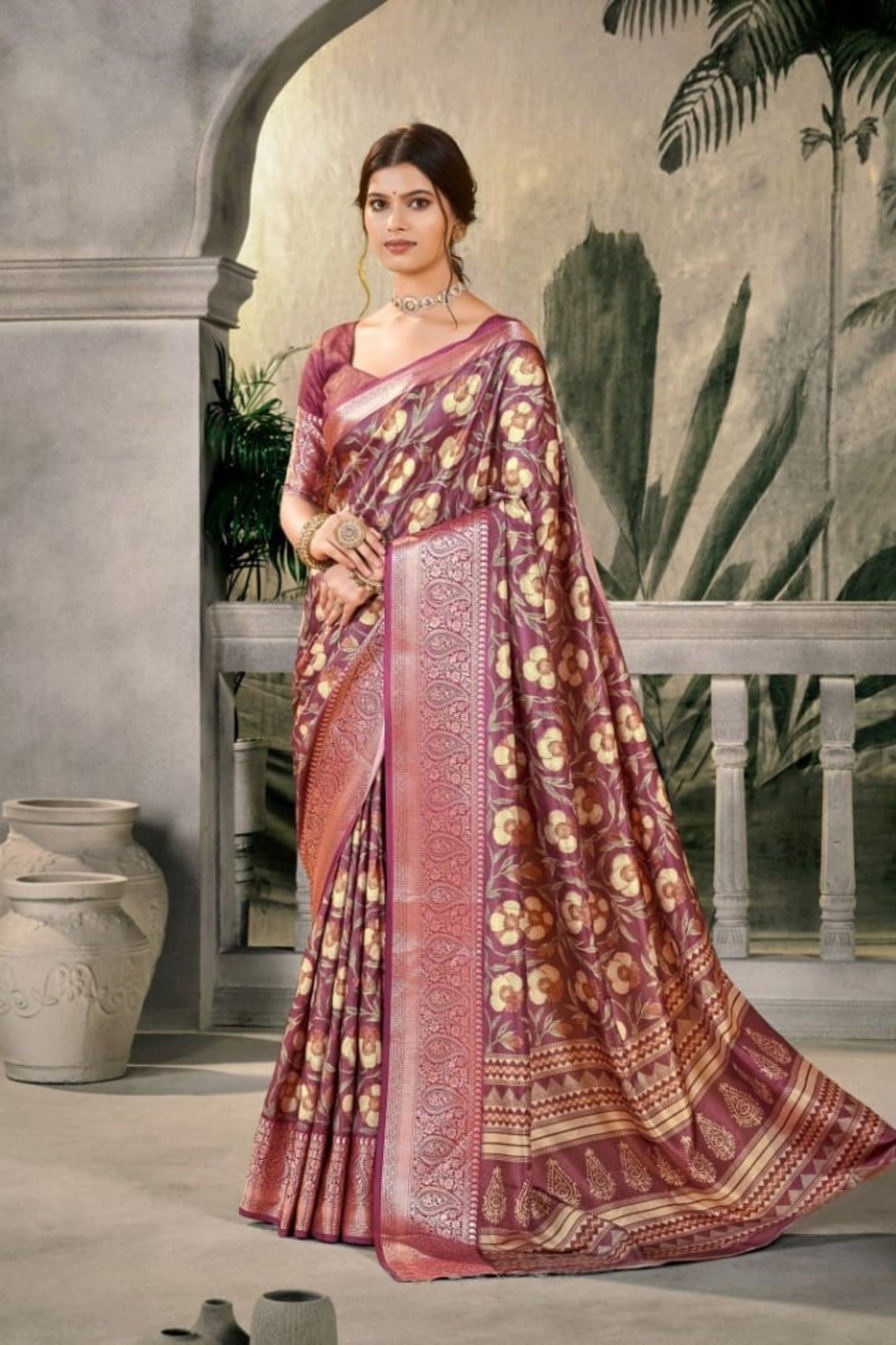 Maroon Banarasi Silk Saree with Golden Floral Weaving  for Wedding Festive Wear