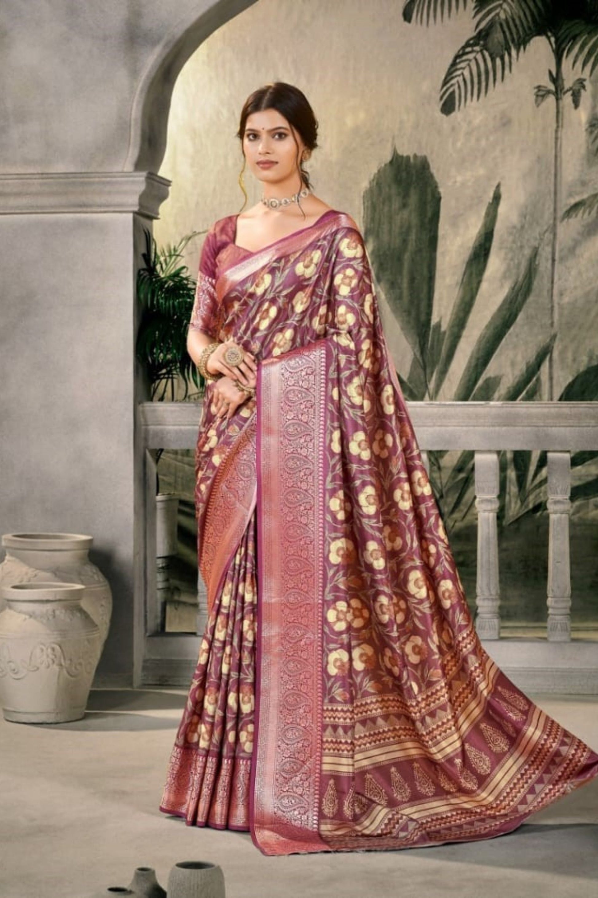 Maroon Banarasi Silk Saree with Golden Floral Weaving  for Wedding Festive Wear