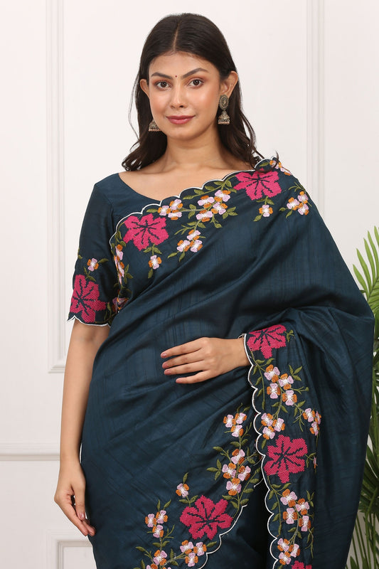 Dark Teal Silk Saree Floral Embroidery Border Designer Blouse