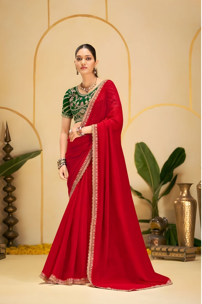 Red Georgette Saree with Heavy Embroidered Green Blouse