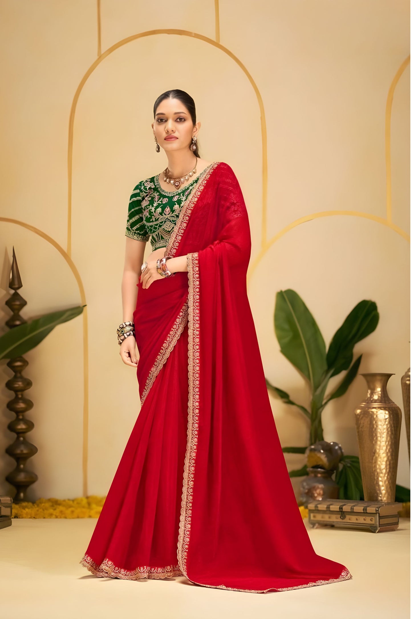 Red Georgette Saree with Heavy Embroidered Green Blouse