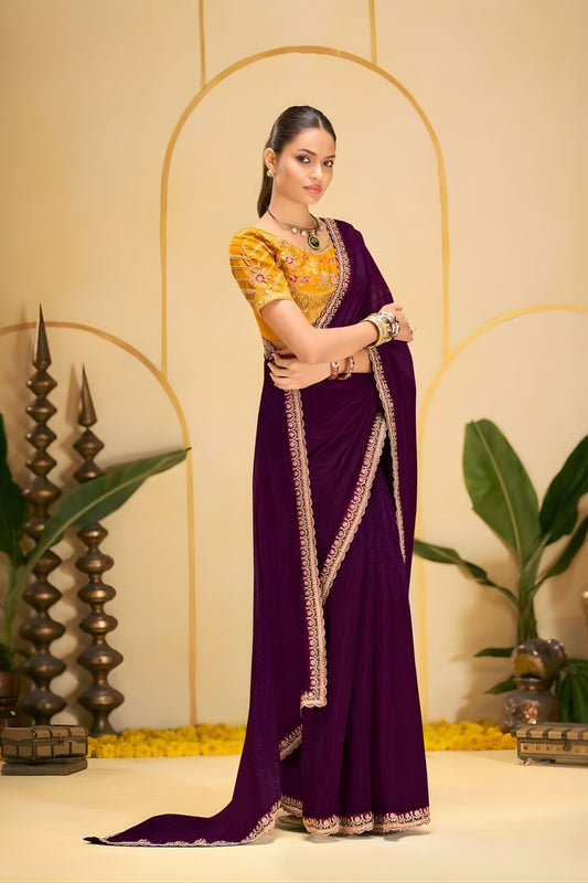 Purple Georgette Saree with Heavy Embroidered Yellow Blouse