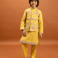 Charming Mustard Yellow Viscose Silk Embroidered Kurta Set with Floral Nehru Jacket