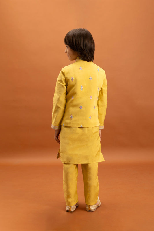 Charming Mustard Yellow Viscose Silk Embroidered Kurta Set with Floral Nehru Jacket