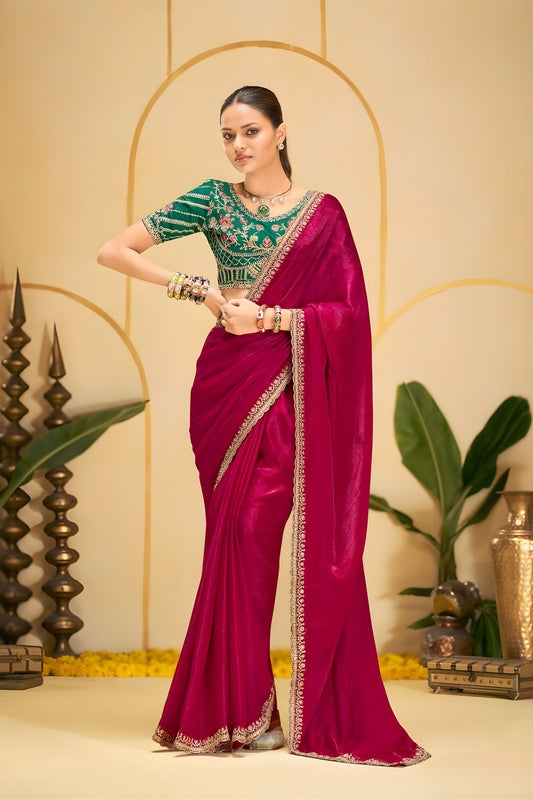 Wine Color Georgette Saree with Heavy Embroidered Green Blouse