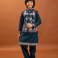 Elegant Teal Blue Viscose Silk Embroidered Kurta Set with Floral Nehru Jacket
