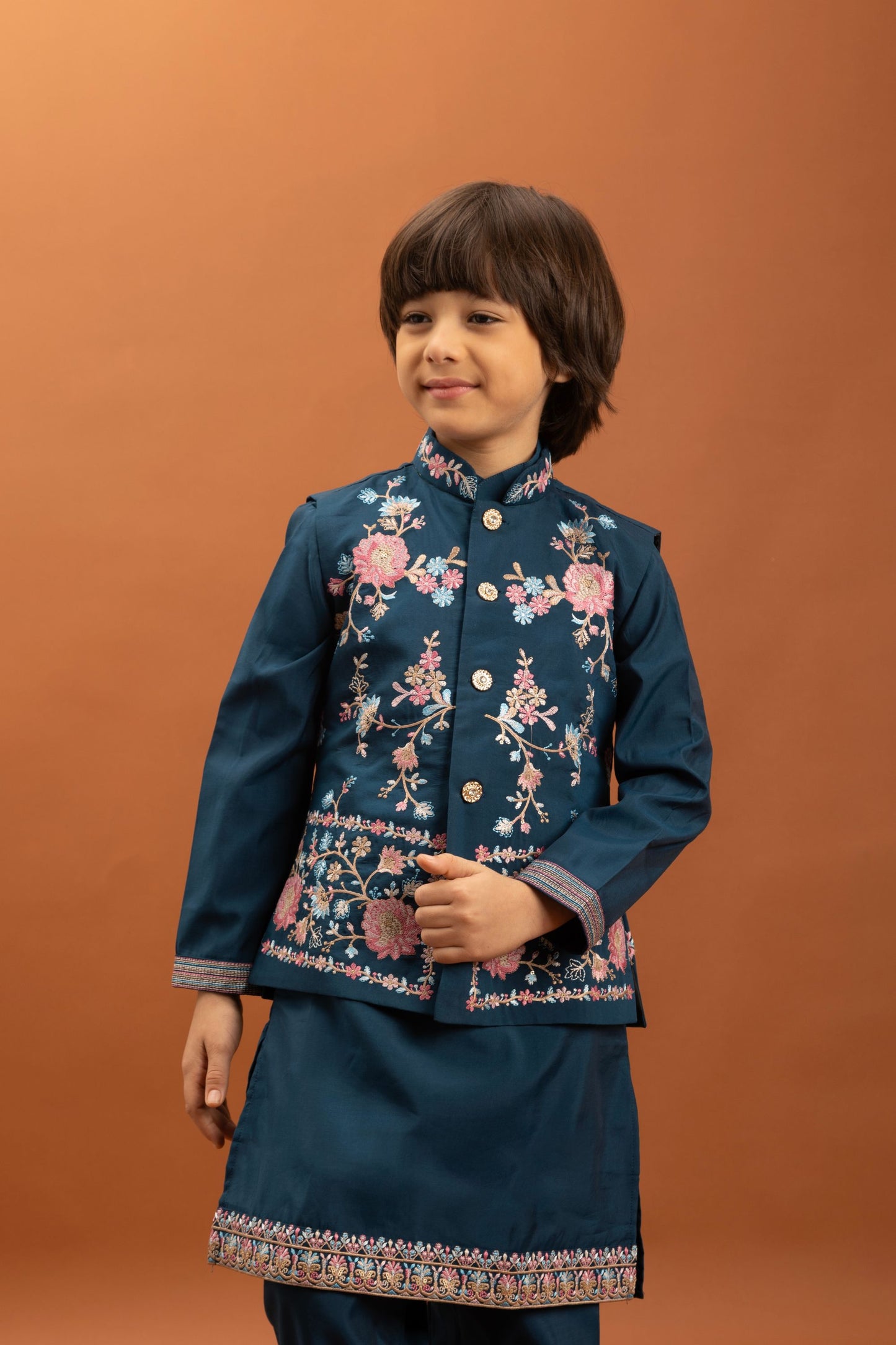 Elegant Teal Blue Viscose Silk Embroidered Kurta Set with Floral Nehru Jacket