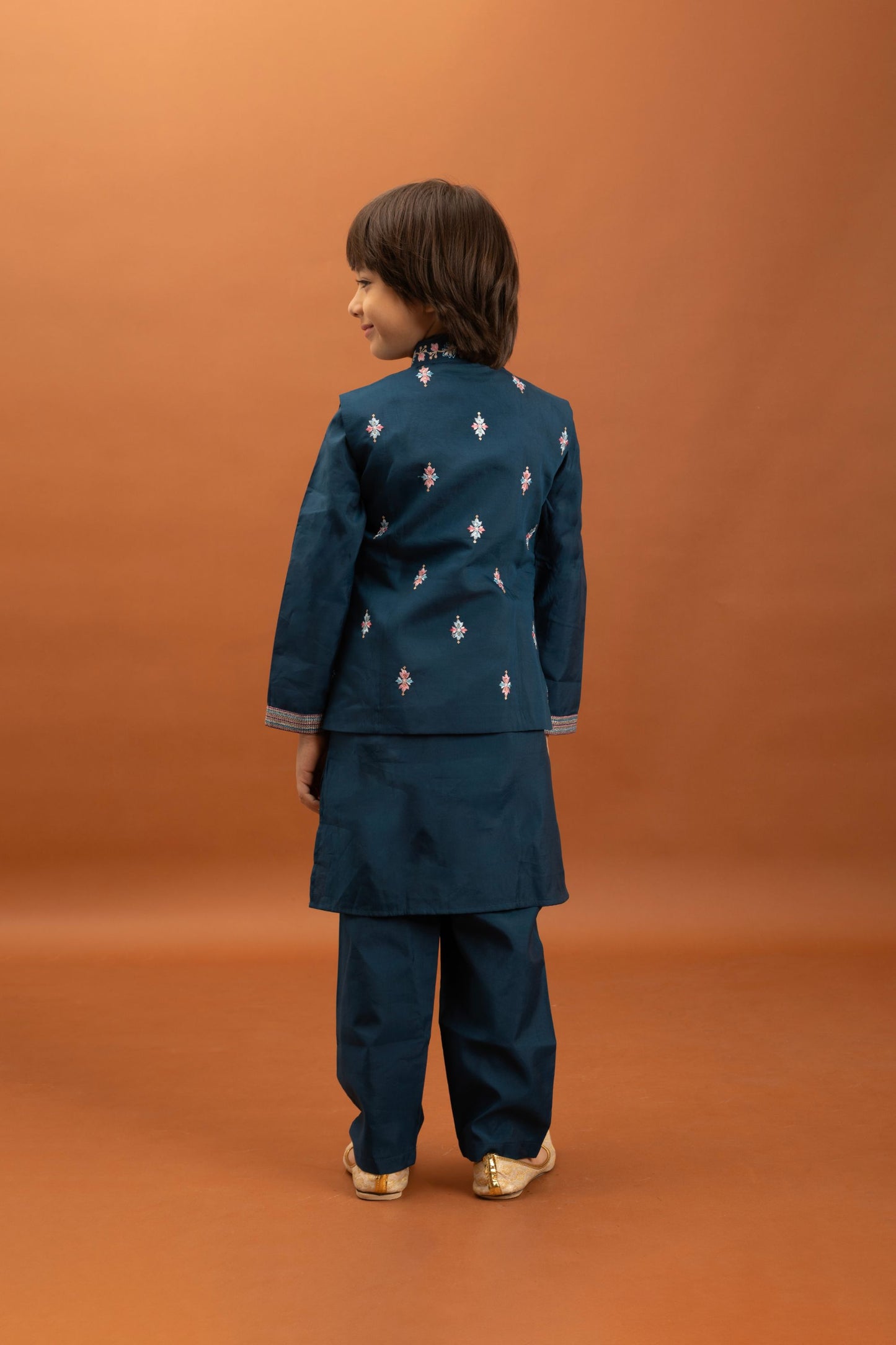 Elegant Teal Blue Viscose Silk Embroidered Kurta Set with Floral Nehru Jacket