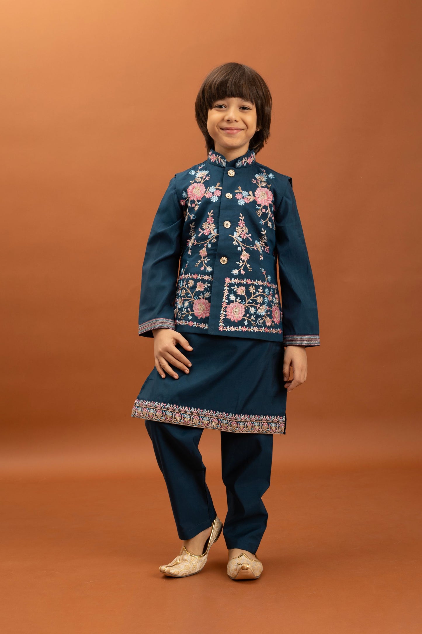 Elegant Teal Blue Viscose Silk Embroidered Kurta Set with Floral Nehru Jacket