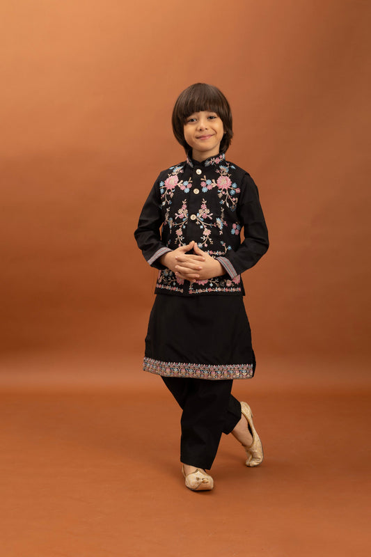 Stylish Black Viscose Silk Embroidered Kurta Set with Floral Nehru Jacket