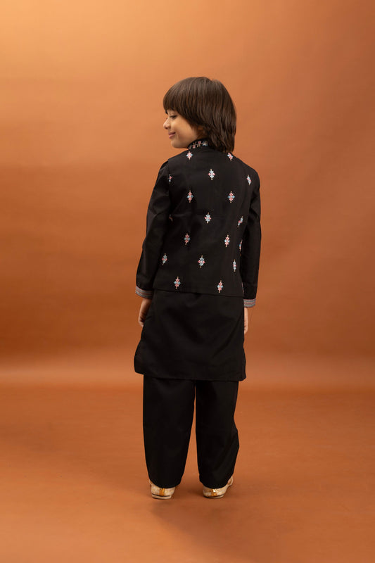 Stylish Black Viscose Silk Embroidered Kurta Set with Floral Nehru Jacket