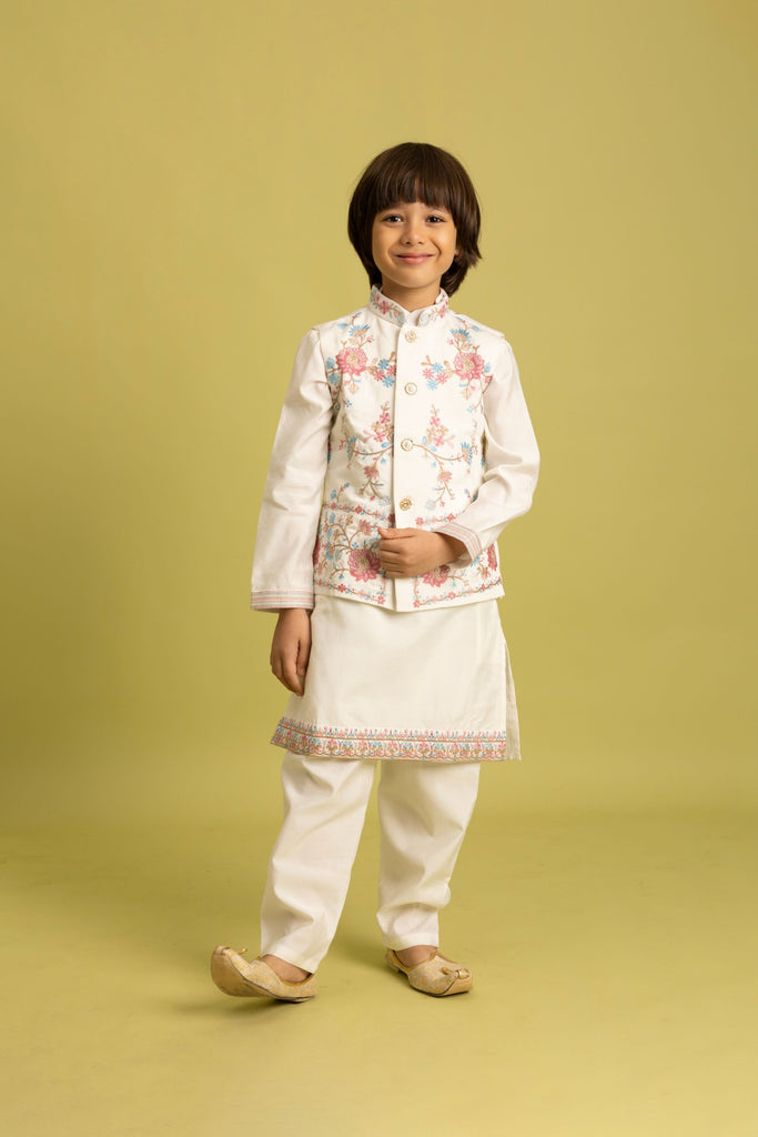 Graceful White Viscose Silk Embroidered Kurta Set with Floral Nehru Jacket