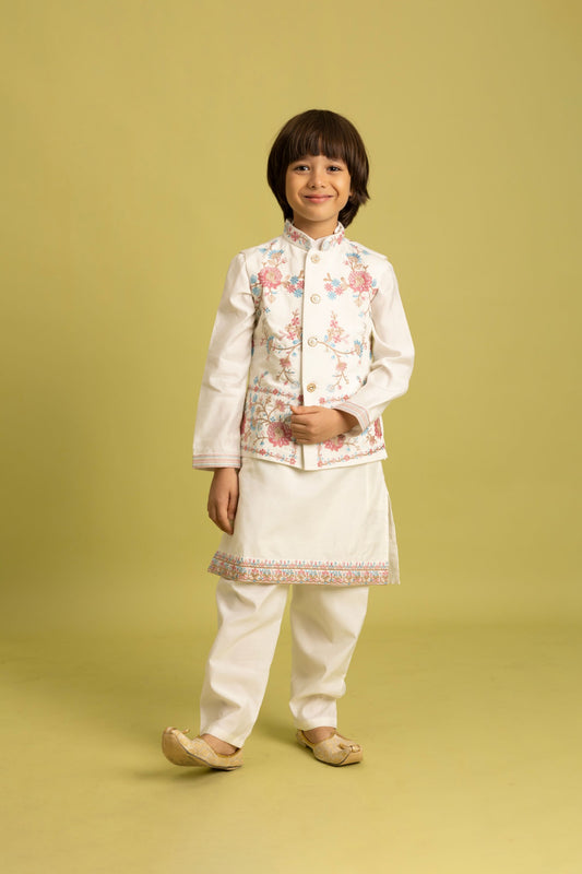 Graceful White Viscose Silk Embroidered Kurta Set with Floral Nehru Jacket