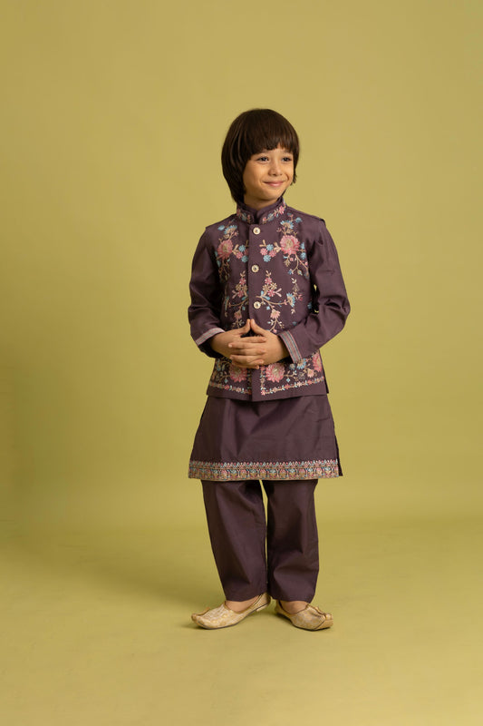 Lovely Purple Viscose Silk Embroidered Kurta Set with Floral Nehru Jacket