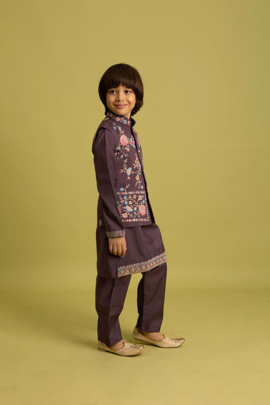 Lovely Purple Viscose Silk Embroidered Kurta Set with Floral Nehru Jacket