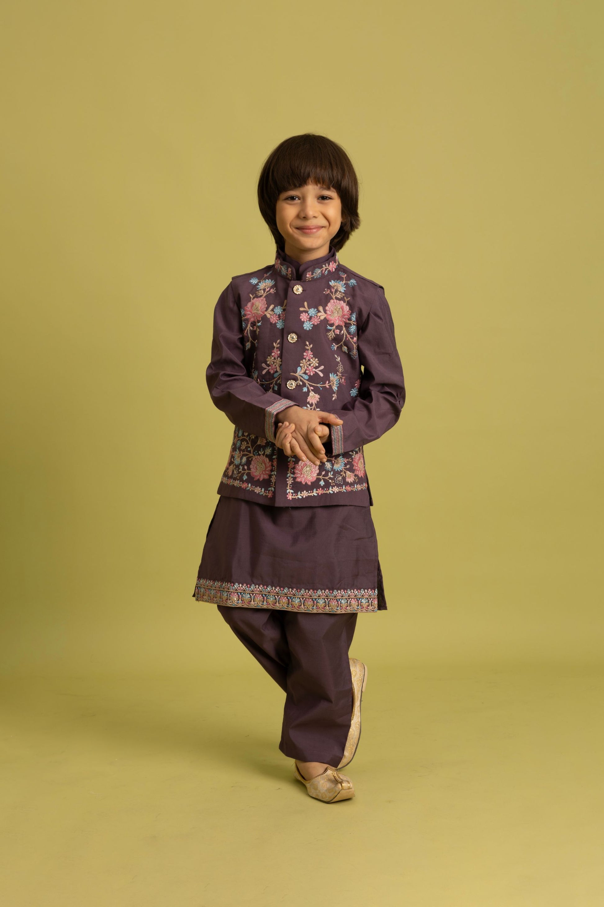 Lovely Purple Viscose Silk Embroidered Kurta Set with Floral Nehru Jacket
