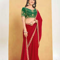Red Georgette Saree with Green Embroidered Velvet Blouse 