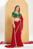 Red Georgette Saree with Green Embroidered Velvet Blouse 