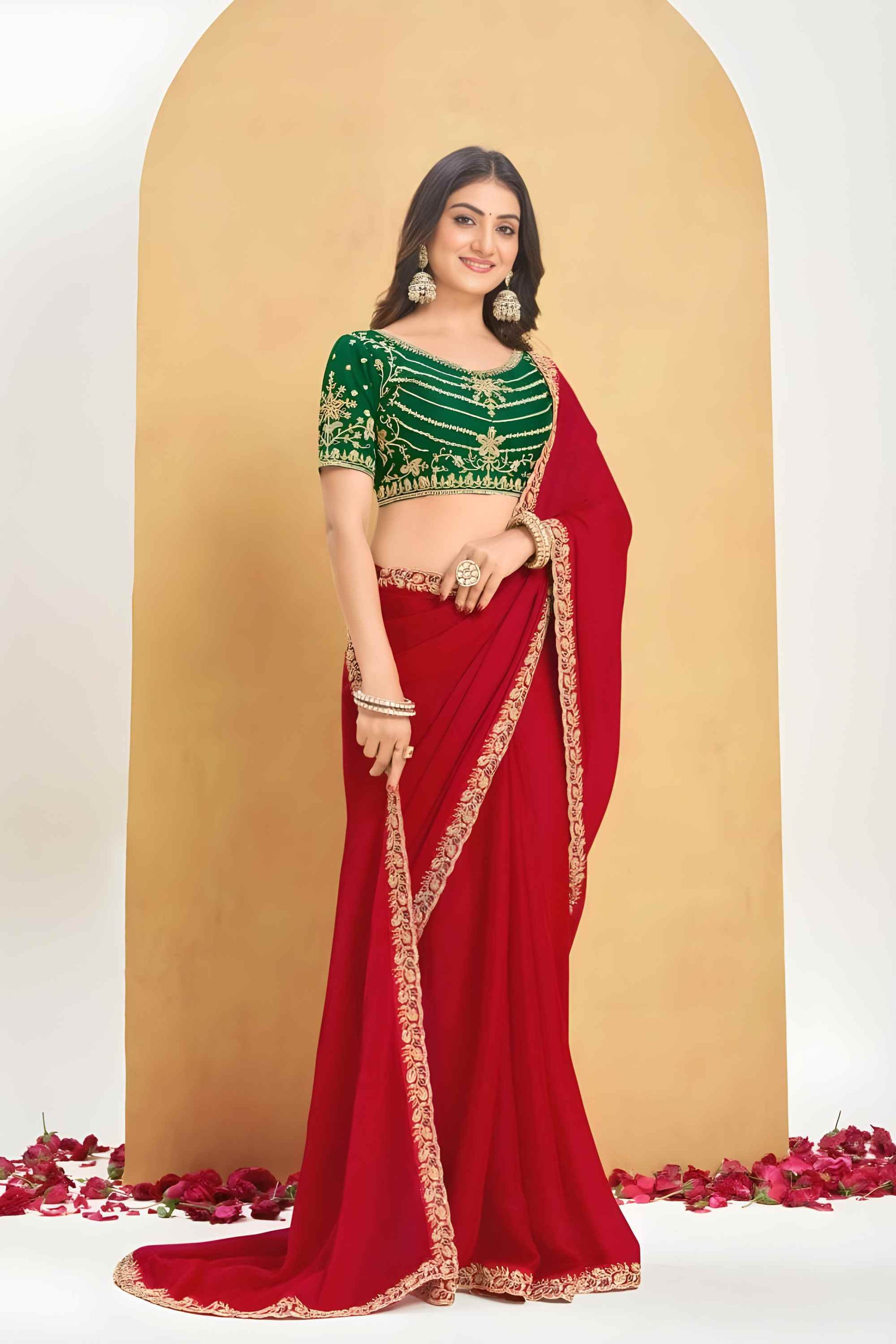 Red Georgette Saree with Green Embroidered Velvet Blouse 